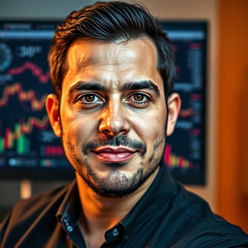 Retrato de Andres Perez, Especialista SEO, mirando a la camara con una expresión profesional y un monitor de computadora mostrando datos SEO al fondo